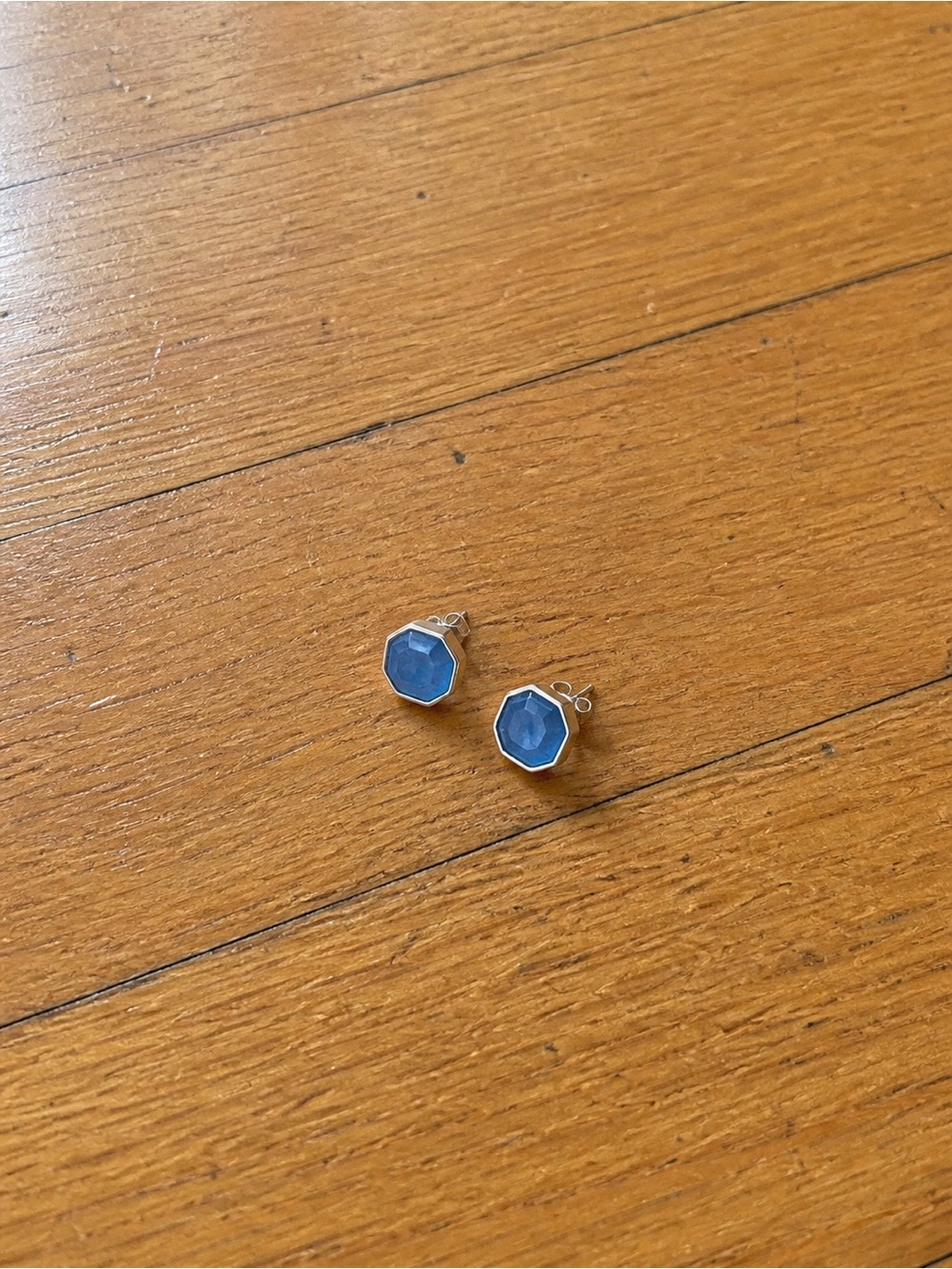 Blue Octagon Stud Earrings - Gold Setting